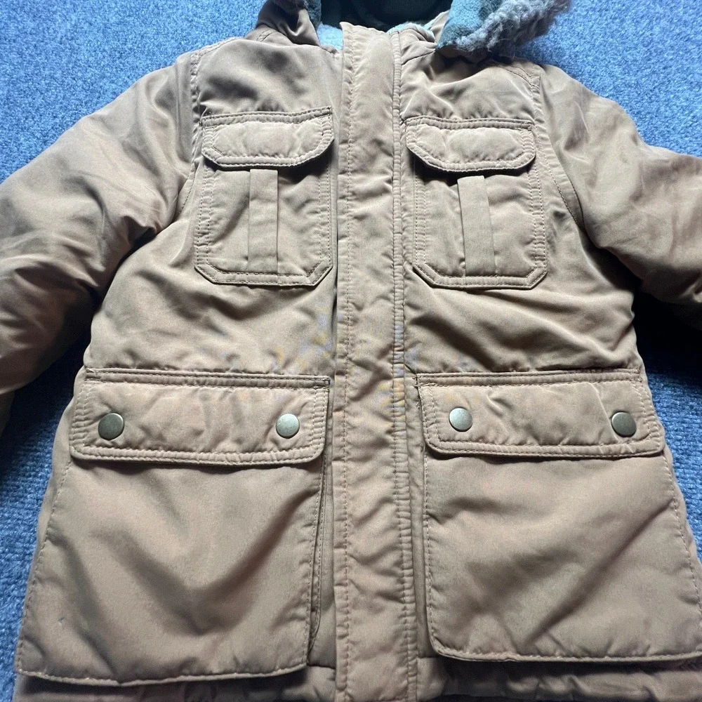 Carters Boys Heavyweight Parka Jacket Tan Brown Faux Fur Hood Size M 5-6